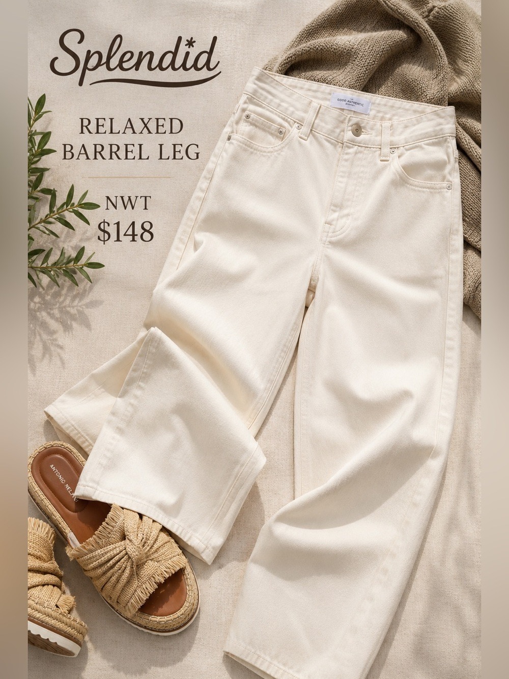 NWT $148 Splendid Good Authentic Relaxed Barrel Leg Jeans Cream XS & Large